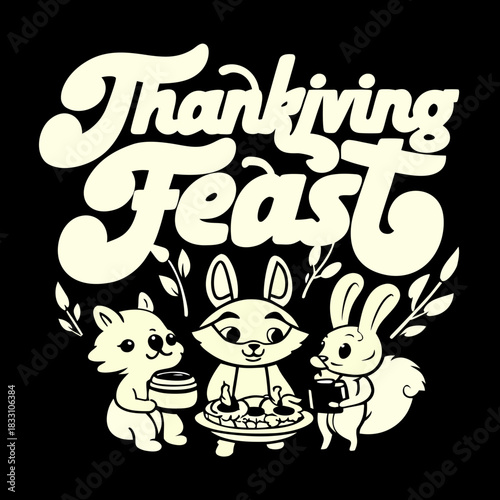 Cute animals celebrating Thanksgiving feast with food