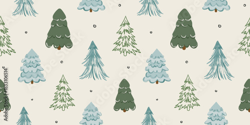 Seamless Pattern With Abstract Christmas Trees, Hand Drawn. Christmas winter banner for the design of postcards, covers, textiles, gift paper