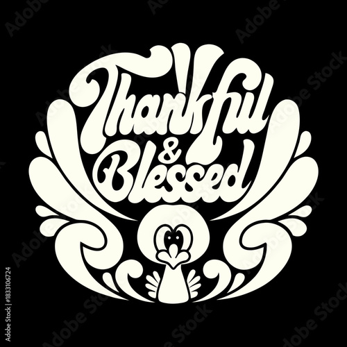 Cute cartoon turkey with thankful blessed text vector