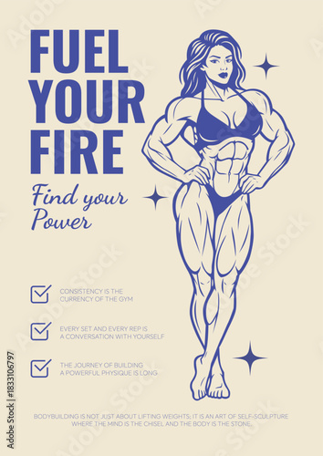 Poster with Female Bodybuilder Illustration and Motivational Quotes