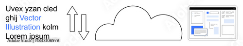 Cloud computing, data sharing, online storage, digital communication, technology workflow, information exchange. A cloud icon, data transfer arrows and a digital interface. Cloud computing and data