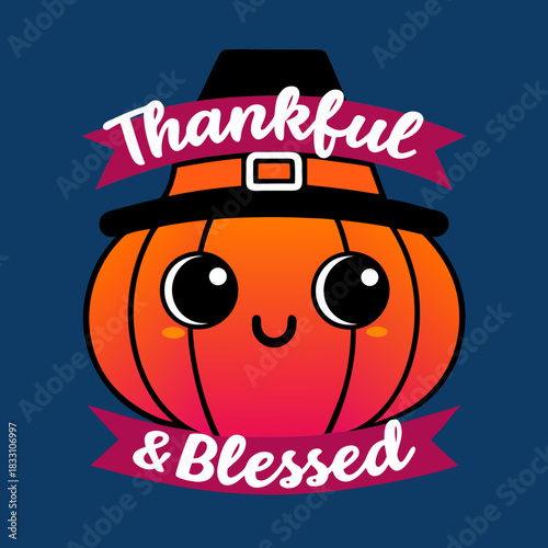 Cute pumpkin wearing pilgrim hat with thankful blessed text 2
