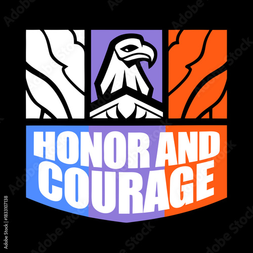 Eagle graphic with text honor and courage bird head