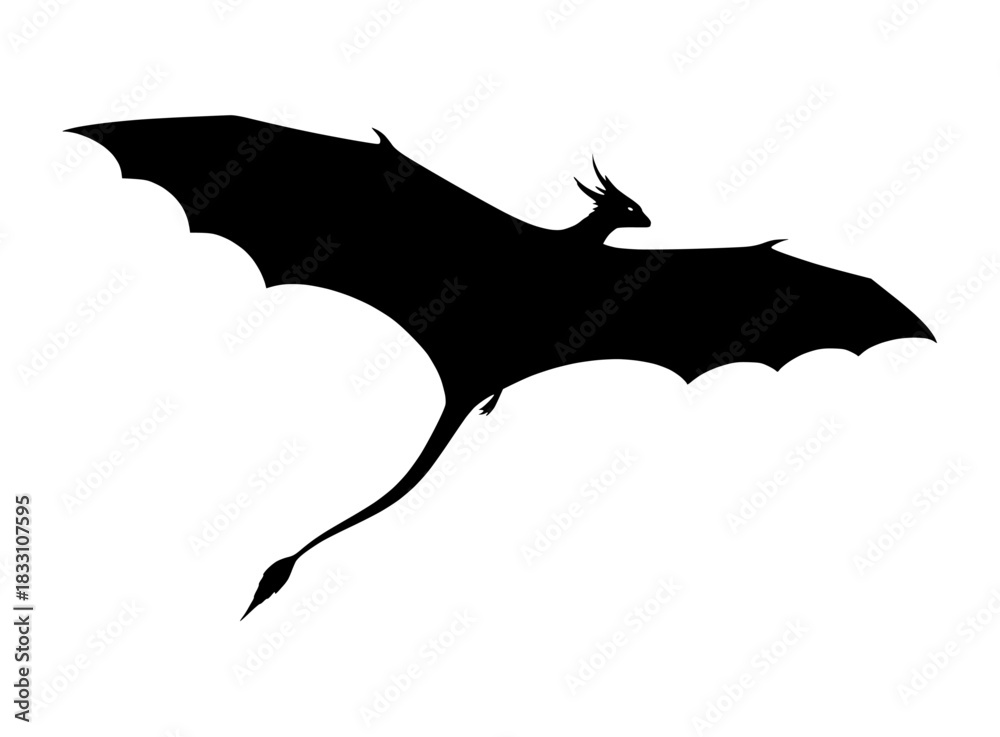 Fototapeta premium Majestic flying dragon silhouette vector illustration capturing the powerful mythical creature in a dynamic pose against a stark background for fantasy designs, myth, and legend themed projects