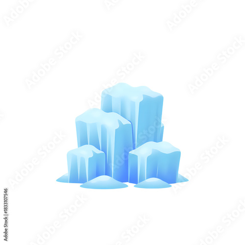 Single blue ice cube beginning to melt with small puddle of water on a white background