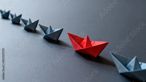 A red origami boat leads a line of blue boats on a dark surface, symbolizing leadership and direction.