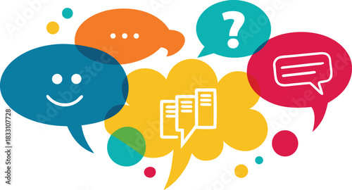 Colorful speech bubbles with icons representing communication business ideas and questions