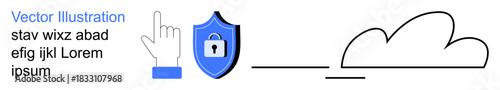 Data privacy, online security, cloud storage, cybersecurity, access control, digital safety. A shield with a lock, a pointing hand and a cloud icon. Data privacy and online security concept