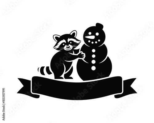 Raccoon making snowman black and white