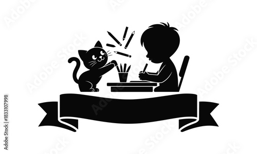 Silhouette of child drawing with cat