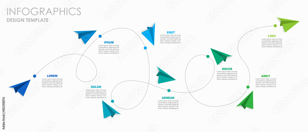 Fototapeta premium Infographic with colorful paper airplanes on a winding path, illustrating progress or workflow in a modern layout. Vector illustration.