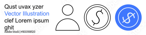 Personal identification, finance, transactions, app design, business tools, security. A user profile icon, currency symbol and financial badge design. Personal identification and finance focus