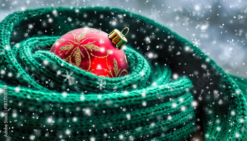 A red Christmas Ball rests in a green knitted scarf as snow gently falls around it.
