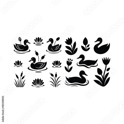Folk-inspired silhouette of two ducks swimming among lotus buds.