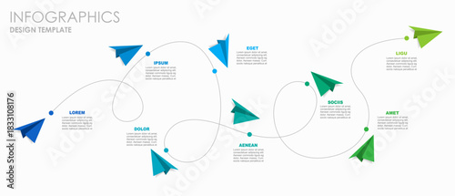 Infographic with colorful paper airplanes on a winding path, illustrating progress or workflow in a modern layout. Vector illustration.