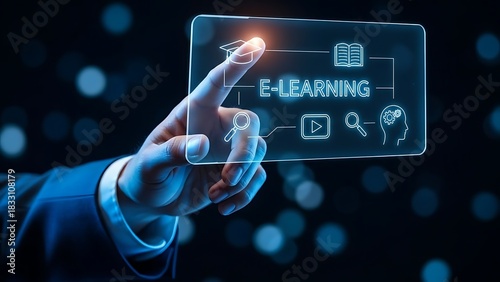 E-learning Concept: Businessman Interacting with Virtual Digital Screen