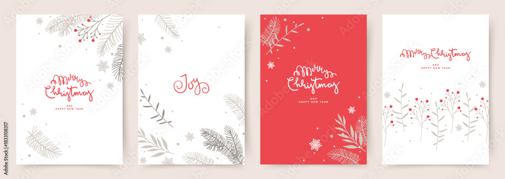 Naklejka premium Christmas and New Year cards. Minimal vector illustrations for greeting cards, banners, web, social media, advertising