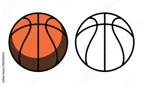 A colored illustration of a basketball next to a black and white outline of a basketball.