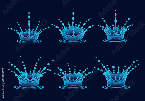 Set of six stylized cartoon-style vector illustrations of blue water drop splash crowns, representing freshness, nature, liquid, purity, and dynamic fluid motion concepts.