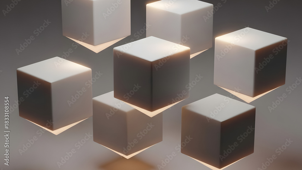 Obraz premium Elegant floating cubes with soft light create a modern, minimalist ambiance perfect for sophisticated branding and innovative tech concepts