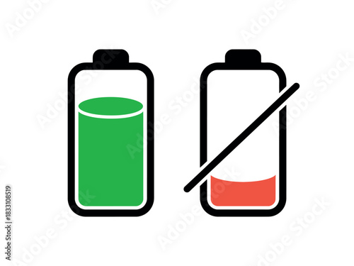 Two battery icons show full charge and critically low power levels, representing energy and depletion.