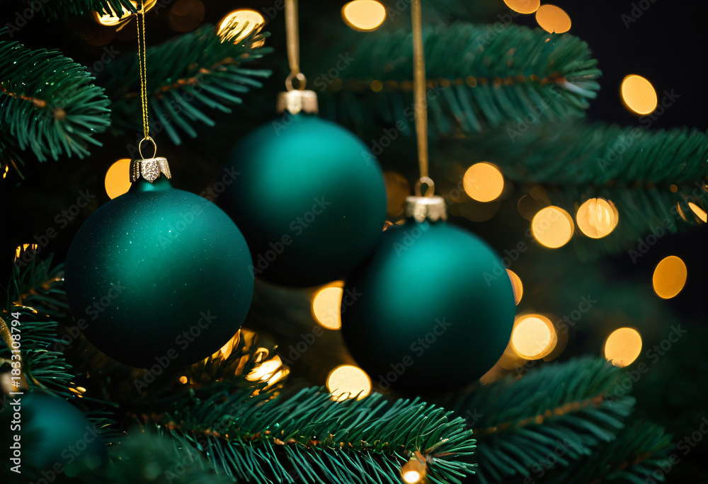 Fototapeta premium Elegant green Christmas bauble with golden bokeh lights
