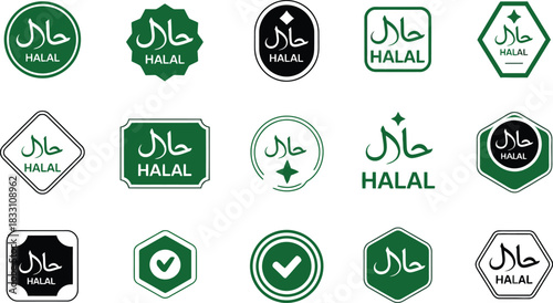 Collection of halal certified food labels in various shapes and designs representing products that adhere to islamic dietary guidelines ensuring compliance and authenticity for muslim consumers