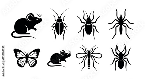 Collection of eight black silhouette icons featuring various insects and small rodents, including spiders, mice, beetles, and a mosquito, ideal for pest control and animal concepts.