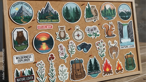 Collection of outdoor adventure stickers displayed on a corkboard showcasing nature and travel themes.