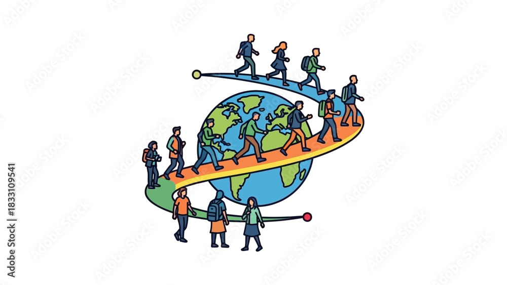 Naklejka premium Illustration of diverse people from different professions holding a curved line around the Earth with a white background.