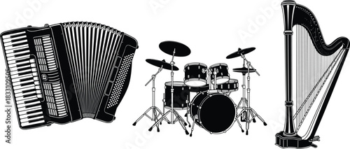 Black and white illustration of an accordion drum set and harp on a white background