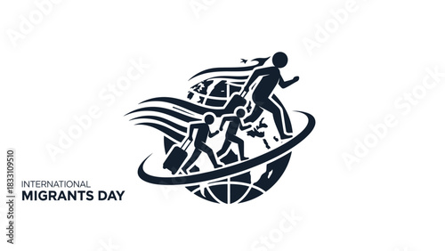 International Migrants Day logo with silhouettes of people running around a globe on a white background.