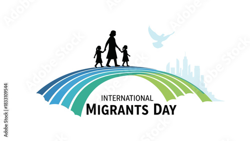 Logo for International Migrants Day featuring a family silhouette on a rainbow-colored arc with a city skyline and dove in the background.