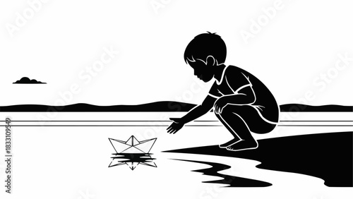 Young child playing with a paper boat in water.