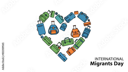 Heart-shaped arrangement of colorful suitcases and luggage on a white background celebrating International Migrants Day with a vibrant and symbolic mood.
