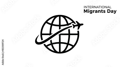 Black line illustration of a globe with an airplane circling around it on a white background for International Migrants Day.