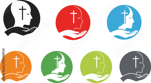 Christian cross inside profile head on cupped hand in multiple colored circles christianity
