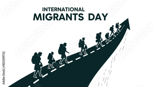 Graphic illustration of people walking on a road with an arrow pointing upwards, symbolizing International Migrants Day with a sense of progression and hope.
