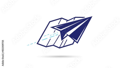 A dark blue paper airplane flies out of a crumpled white paper on a plain white background with dashed blue lines.