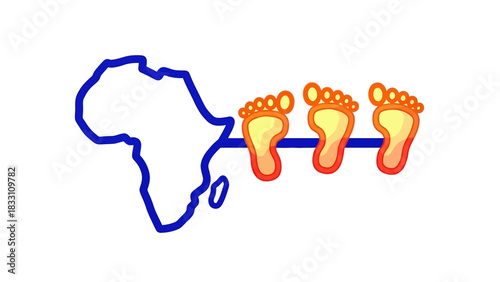 Illustration of a blue outline of Africa with three orange footprints on a blue line across a white background.