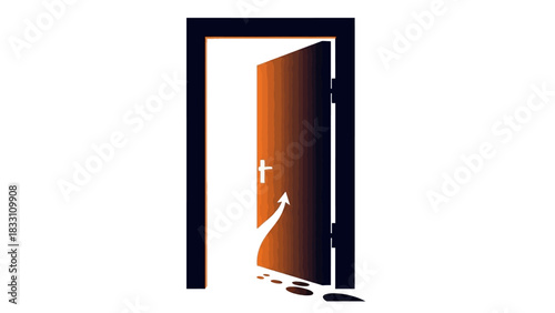 A graphic illustration of an open door with a white arrow pointing upwards on a gradient orange background with a white cross, set against a plain white backdrop.
