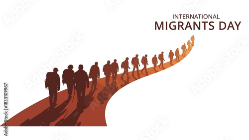 Illustration of silhouetted people walking in a line on a gradient pathway with International Migrants Day text on a white background.