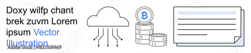 Blockchain, cryptocurrency, decentralized finance, cloud computing, digital security, fintech solutions. Cloud icon, Bitcoin coins and document. Blockchain and cryptocurrency concepts