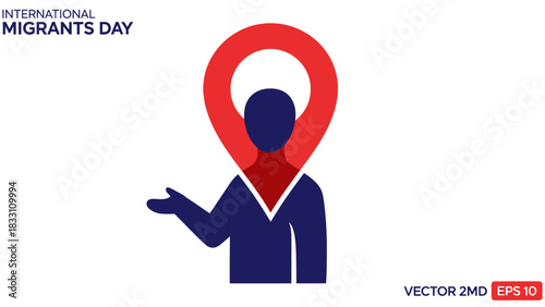 Vector illustration of a blue human icon with a red location pin on a white background for International Migrants Day.