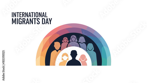 Graphic illustration of a diverse group of people under a rainbow for International Migrants Day on a white background.