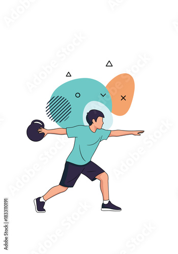 Young athlete in a teal shirt and dark shorts lunges forward while throwing a ball during an energetic sport moment with abstract shapes in the background.