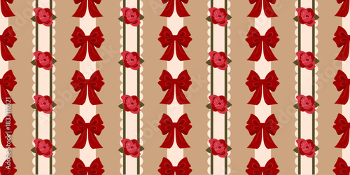 A horizontal seamless pattern dedicated to Valentine's Day. Holiday concept. Modern design with red bows and roses. Perfect for greeting cards, wrapping paper, and textiles.