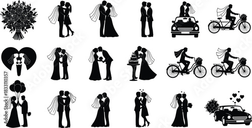 Collection of black wedding silhouettes including couples, flowers, cake, car, and bicycles