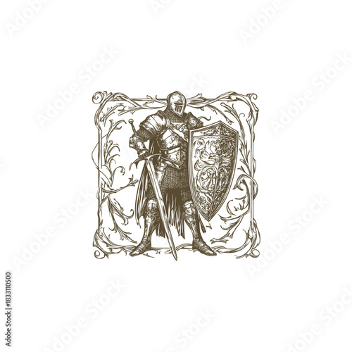 vintage engraving style illustration of a fully armored Medieval Knight holding a sword and an ornate shield