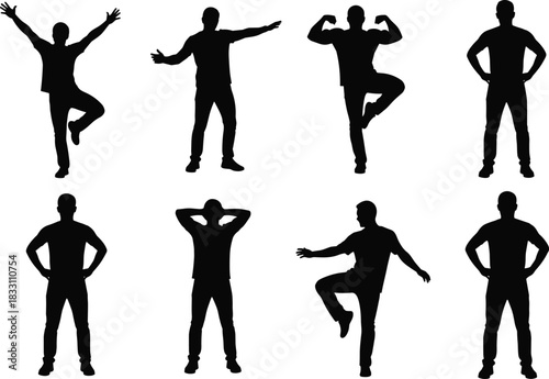 Eight black male silhouettes in various poses on white background person people